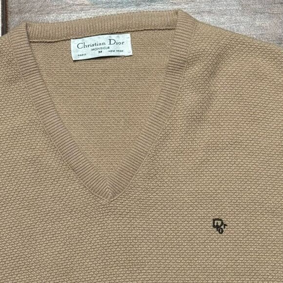 Vtg Christian Dior Monsieur Textured V Neck Sweater Tan Size M - Picture 1 of 7
